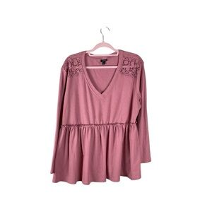 Torrid Pink Lace Shoulder Peplum Long Sleeve Top Size 1 (L)